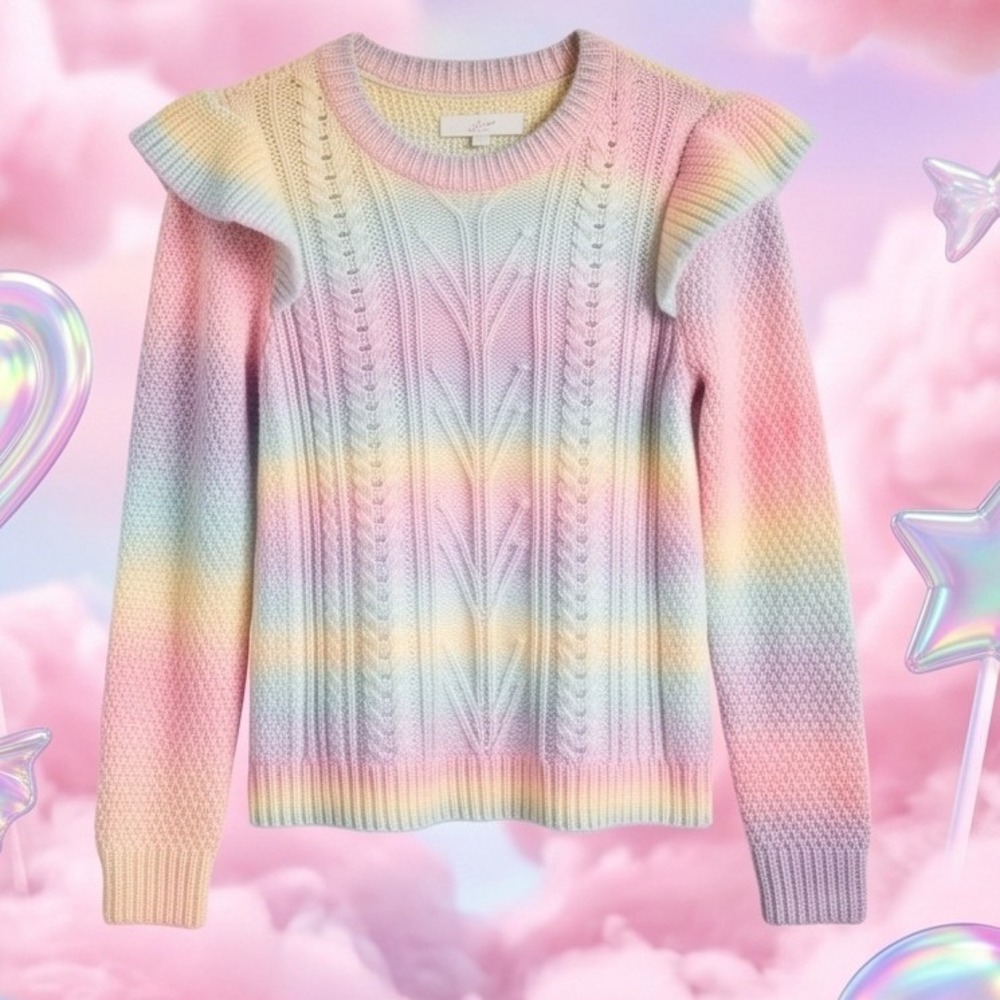 LOFT Ann Taylor L Rainbow‎ Pastel Ombre Ruffle Shoulder Cable Knit Sweater